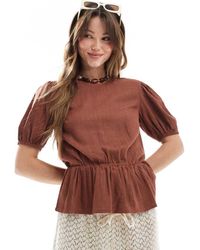 ASOS - Top Con Mangas Abullonadas Y Sobrefalda De Mezcla De Lino De - Lyst