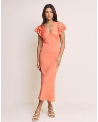 Nobody's Child - Coral Frill Sleeve Layla Midi Dress - Lyst