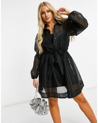 Missguided Organza Overhemdjurk Met Lange Mouwen - Zwart