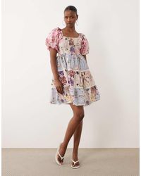 Y.A.S - Patchwork Floral Puff Sleeve Milkmaid Style Mini Dress - Lyst