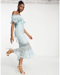 ASOS Lace Dress With Off Shoulder And Peplum Hem - Blue