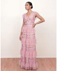 Maya - Spot Mesh Embellished Flutter Sleeve Tiered Maxi Dress - Lyst
