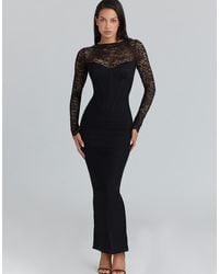 black dress with white lace applique Black Floral Applique Maxi Dress - All Dresses main image 1
