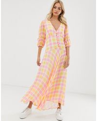 Ghost Vestito midi a quadri con maniche a palloncino - Arancione