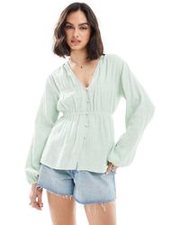 ASOS - Top Punto Smock A Maniche Lunghe Salvia Con Bottoni Sul Davanti - Lyst