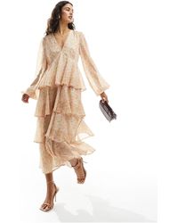 Pretty Lavish - – gestuftes, wadenlanges kleid mit ballonärmeln und animalprint - Lyst