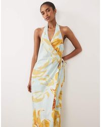 ASOS - Cotton Linen Halter Neck Wrap Maxi Sundress Blue & Yellow Floral - Lyst