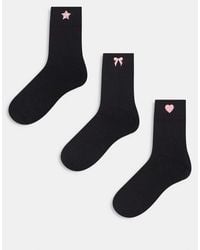 Pieces - 3 Pack Pink Embroidered Socks - Lyst