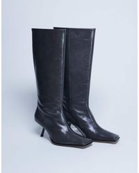 TOPSHOP - Botas Por La Rodilla Grises Con Puntera Cuadrada De Cuero Premium Scarlett De - Lyst
