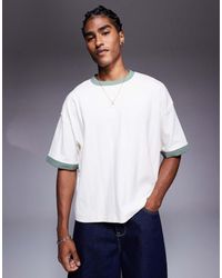 ASOS - T-Shirt Oversize Squadrata Color Crema Testurizzata A Coste Con Dettagli A Contrasto - Lyst