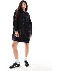 Collusion - Long Sleeve Twill Mini Shirt Dress With Contrast Stitch Detail - Lyst