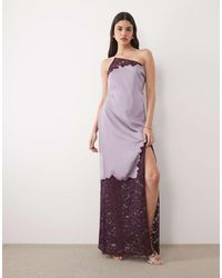 Six Stories - One Shoulder Thigh Split Satin And Lace Mix Maxi Dress - Lyst