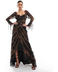 ASOS - Vestito Lungo A Maniche Lunghe Con Stampa Astratta, Volant E Fondo Asimmetrico - Lyst