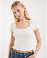 Miss Selfridge - Pointelle Square Neck Lace Trim Tee - Lyst