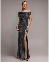 Goddiva - Asymmetric One Shoulder Front Split Sequin Maxi Dress - Lyst