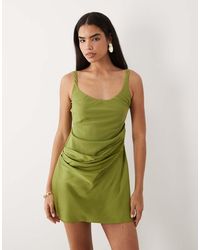 ASOS - Deep Scoop Neck Mini Dress With Asymmetric Draped Satin Skirt Overlay - Lyst