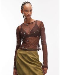 ASOS - Top en tulle transparent à manches longues et ornements parsemés - chocolat - Lyst