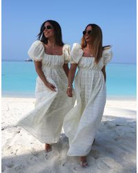 Labelrail - X collyer twins - robe longue en dentelle à encolure carrée et manches bouffantes - crème - Lyst