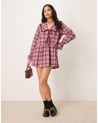 ASOS - Vestito Corto Allacciato Sul Davanti Color Bordeaux A Quadri - Lyst