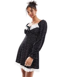 Miss Selfridge - Nette Mini Jurk Met Kanten Rand, Strikdetail En Stippen - Lyst