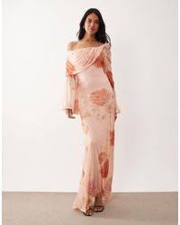 ASOS - Printed Off The Shoulder Draped Neck Long Sleeve Maxi Dress - Lyst