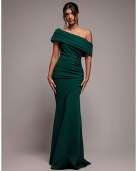 Goddiva - Pleated One Shoulder Bardot Fit And Flare Maxi Dress - Lyst