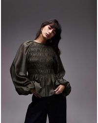 & Other Stories - Top Accollato Stile Peplo Kaki Con Maniche Voluminose - Lyst