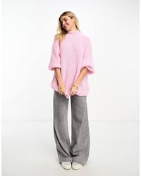 Monki - High Neck Chunky Rib Knitted Jumper With Volume Sleeve - Lyst