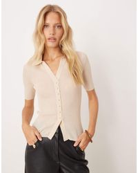 Mango - V Neck Knitted Short Sleeve Polo Top - Lyst