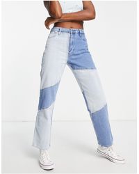 Hollister Dad jeans a vita alta con motivo patchwork - Blu