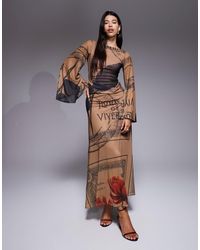 ASOS - Printed Mesh Long Sleeve Draped Back Maxi Dress - Lyst