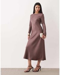 Mango - Round Neck Satin Long Sleeve Maxi Dress - Lyst