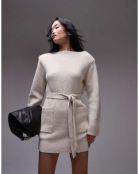 & Other Stories - Geribbelde Gebreide Mini Jurk Van Wol- En Katoenmix Met Gestrikte Taille - Lyst
