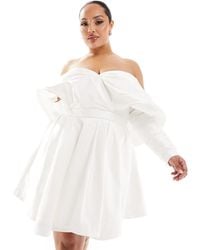ASOS - Asos Design Curve Lila Satin Structured Off Shoulder Mini Wedding Dress With Full Skirt In - Lyst