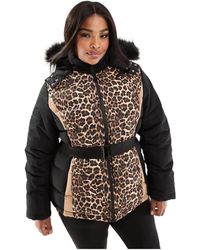Threadbare - Plus – ski – mantel mit gürtel, leopardenmuster und kapuze mit kunstpelzbesatz - Lyst