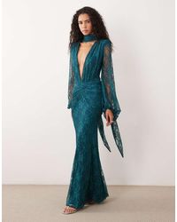 ASOS - Lace Deep Plunge Maxi Dress With Scarf Detail And Blouson Sleeve - Lyst