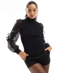 French Connection - High Neck Ribbed Top With Sheer Ruffle Sleeves - Lyst
