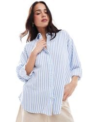 Stradivarius - Camicia A Maniche Lunghe Effetto Lino A Righe Color Azzurro - Lyst