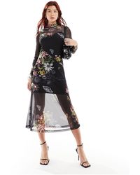AllSaints - Hanna sanibel - robe mi-longue à fleurs en tulle - Lyst