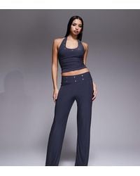 Kaiia - Exclusive Double Layered Slinky Eyelet Detail Waistband Wide Leg Pants - Lyst