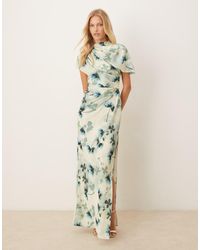 ASOS - Vestito Lungo Accollato Verde A Fiori Con Corpino Drappeggiato E Dettaglio Stile Mantella - Lyst