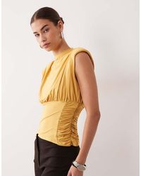 ASOS - Ruched Waist Grown On Neck Shoulder Pad Top - Lyst