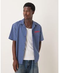 ASOS - Camisa Azul A Rayas Holgada Con Cuello De Solapas Y Bordado En El Pecho De - Lyst