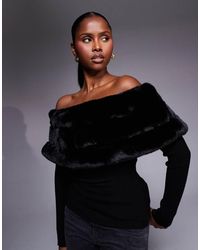 River Island - Faux Fur Trim Bardot Jumper - Lyst