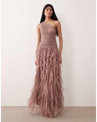 LACE & BEADS - Bridesmaid Tulle One Shoulder Waterfall Ruffle Maxi Dress - Lyst