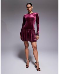 ASOS - Velvet Long Sleeve Bubble Hem Mini Dress - Lyst