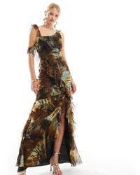 ASOS - Asos Design Tall Asymmetric Shoulder Bias Cut Maxi Dress With Ruffle Details - Lyst