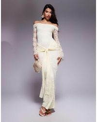 Kaiia - Exclusive Double Layered Slinky Lace Bardot Flare Sleeve Tie Waist Drape Detail Maxi Dress - Lyst
