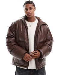 ASOS - Faux Leather Puffer Jacket With Hood - Lyst