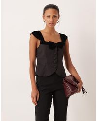 For Love & Lemons - Train Station Poplin And Velvet Mix Button-up Top With Bow Detail - Lyst